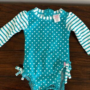 RuffleButts Teal and White Polka Dot Long Sleeve Swimsuit